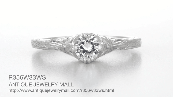Art Deco Filigree Flowers and Wheat Engraved 0.40 Carat Solitaire White Sapphire Engagement Ring in 18 Karat White Gold - Item: R356W33WS - Image: 5