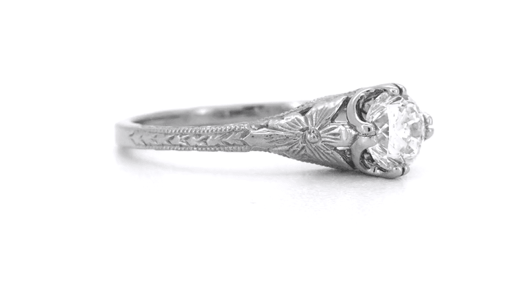 Art Deco Flowers 1/2 Carat Filigree Antique Engagement Ring Setting Design for a 5mm Round Stone in 14K or 18K White Gold - Item: R356W14K50 - Image: 5