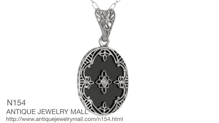 Art Deco Flowers Oval Black Onyx and Diamond Filigree Pendant Necklace in Sterling Silver - Item: N154 - Image: 6