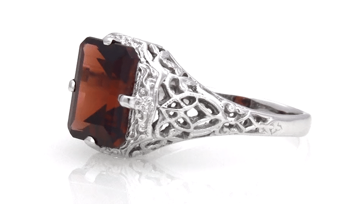 Art Deco Flowers and Leaves Almandine Garnet Filigree Ring in 14 Karat White Gold - Item: R289WG - Image: 6