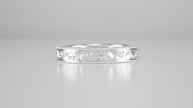 Antique Style Art Deco Flowers and Leaves Millgrain Edged Wedding Band in White Gold - 4mm Wide - Item: R1160W10 - Image: 5