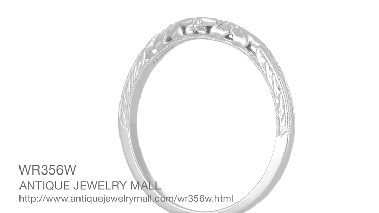 Art Deco Flowers and Wheat Engraved Filigree Wedding Band in White Gold - Item: WR356W14 - Image: 7