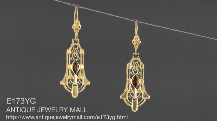 Art Deco Geometric Almandite Garnet Dangling Filigree Earrings in Sterling Silver with Yellow Gold Vermeil - Item: E173YG - Image: 5