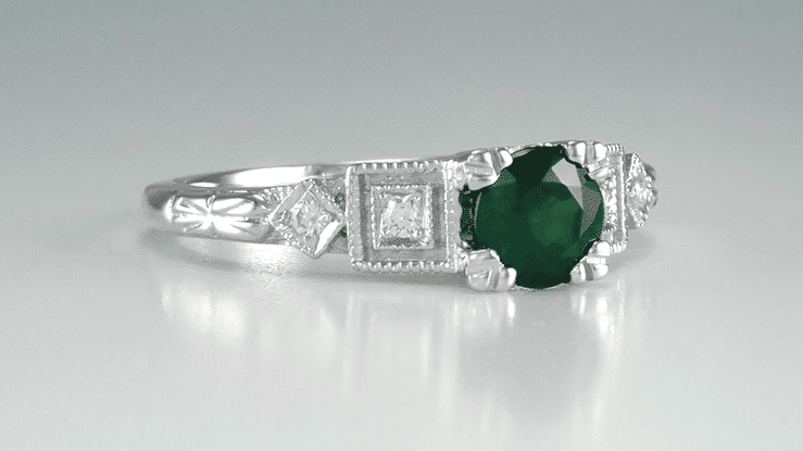 Art Deco Geometric Emerald Engagement Ring in Platinum with Side Diamonds - Item: R155P - Image: 7