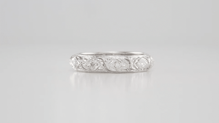 Art Deco Granby Antique Scrolls Platinum and Diamond Wedding Ring - Size 6 3/4 - Item: R1096 - Image: 6