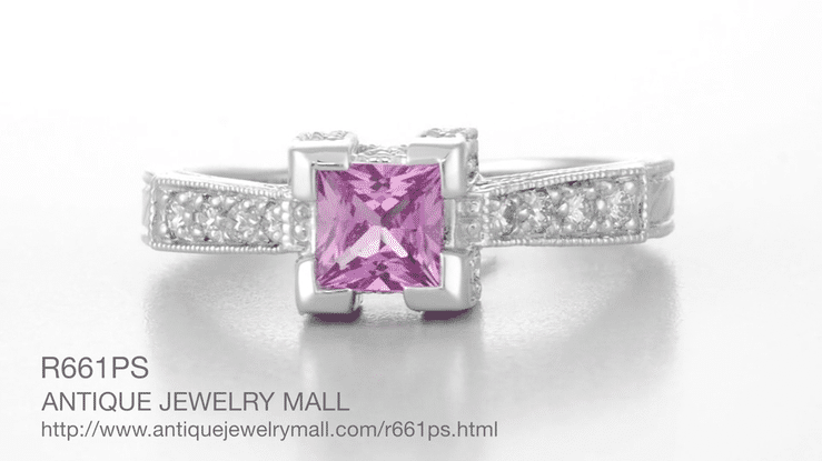 Art Deco 1/2 Carat Princess Cut Pink Sapphire and Diamond Engagement Ring in 18 Karat White Gold - Item: R661PS - Image: 5