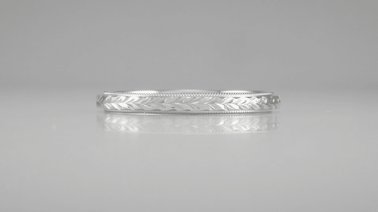 Art Deco Hand Engraved Wheat Millgrain Wedding Band in White Gold - 2.5mm Wide - Item: R652W10 - Image: 4