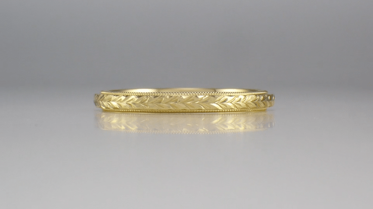 Art Deco Hand Engraved Wheat Yellow Gold Vintage Style Domed Wedding Band with Milgrain - 2.5mm Wide - 14K or 18K - Item: R652Y10 - Image: 4