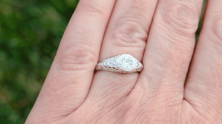 Art Deco Heirloom Engraved Filigree Diamond Engagement Ring in Platinum - Item: R311-LC - Image: 6