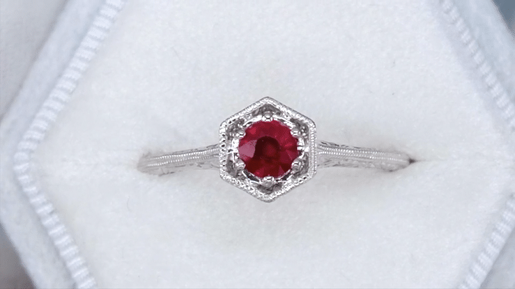 Art Deco Hexagon Solitaire 1/2 Carat Ruby Filigree Ring in 14 Karat White Gold - Item: R180W33R - Image: 5