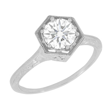 Art Deco Hexagonal Vintage Design Solitaire Diamond Filigree Engagement Ring in 14K White Gold - Engraved Scrolls