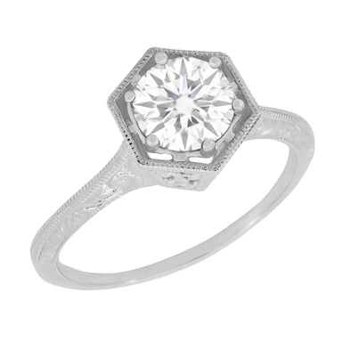 Art Deco Hexagonal Vintage Design Solitaire Diamond Filigree Engagement Ring in 14K White Gold - Engraved Scrolls