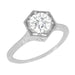Art Deco Hexagonal Vintage Design Solitaire Diamond Filigree Engagement Ring in 14K White Gold - Engraved Scrolls