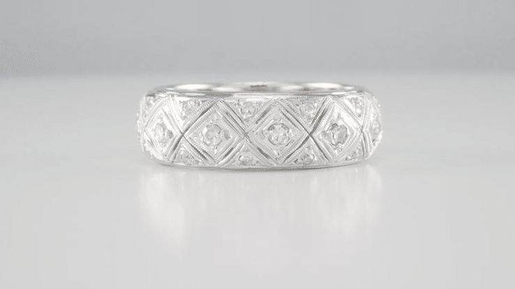 Art Deco Hopewell Vintage Platinum Filigree Diamond Wedding Band - Size 9 - Item: R10421 - Image: 4