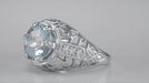 Art Deco Filigree Aquamarine and Diamonds Dome Statement Ring in 14 Karat White Gold