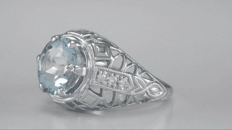 Art Deco Filigree Aquamarine and Diamonds Dome Statement Ring in 14 Karat White Gold - Item: R800WA - Image: 7