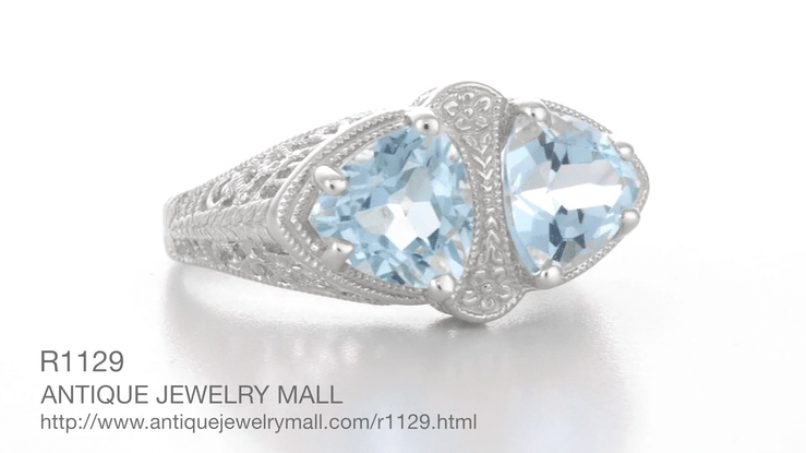Art Deco Loving Duo Filigree Blue Topaz Trillions 2 Stone Ring in 14 Karat White Gold - Item: R1129 - Image: 5