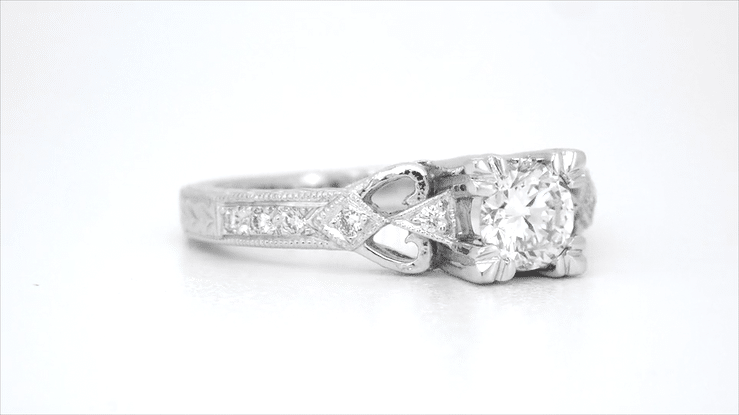 Art Deco Loving Hearts 1/2 Carat Diamond Antique Style Engraved Engagement Ring in 18 Karat White Gold - Item: R459DR - Image: 8