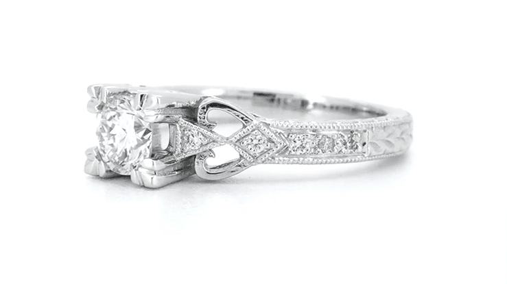 Art Deco Loving Hearts Antique Style Engraved 3/4 Carat Diamond Engagement Ring in 14 or 18 Karat White Gold - Item: R459DR75W14-LC - Image: 5
