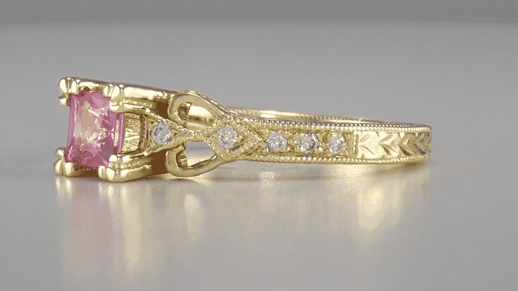 Art Deco Loving Hearts Antique Style Princess Cut Pink Sapphire Engraved Engagement Ring in 18 Karat Yellow Gold - Item: R459YPS - Image: 6