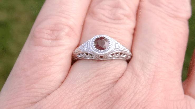 Art Deco Engraved Ruby and Diamond Filigree Engagement Ring in Platinum - Item: R189P - Image: 4