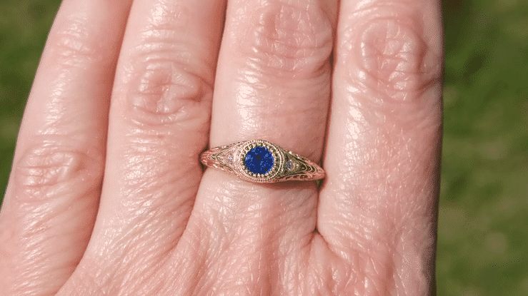 Art Deco Low Dome Yellow Gold Sapphire Filigree Engagement Ring with Side Diamonds - Item: R138Y14 - Image: 7