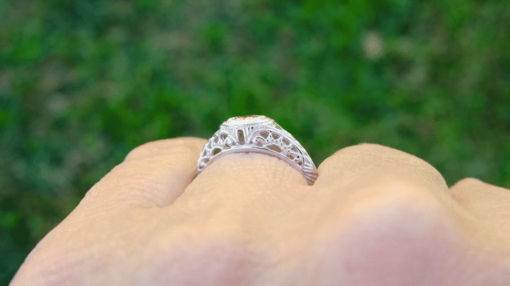 Art Deco Engraved Filigree White Sapphire Engagement Ring in White Gold - Item: R138WS - Image: 6
