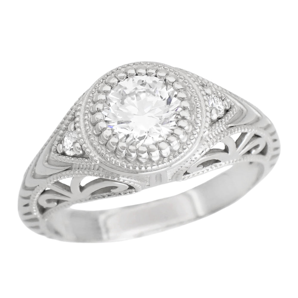 Art Deco Filigree Engraved 3/4 Carat Diamond Low Profile Engagement Ring in White Gold - 14K or 18K - Item: R464W75-LC - Image: 2