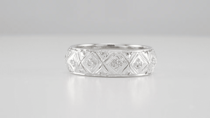 Art Deco Milton Antique Wide Diamond Wedding Band in Platinum - Size 5 - Item: R998 - Image: 3