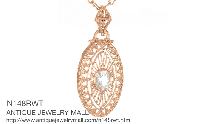 Art Deco Oval White Topaz Filigree Rose Gold Vermeil Pendant Necklace in Sterling Silver - Item: N148RWT - Image: 6