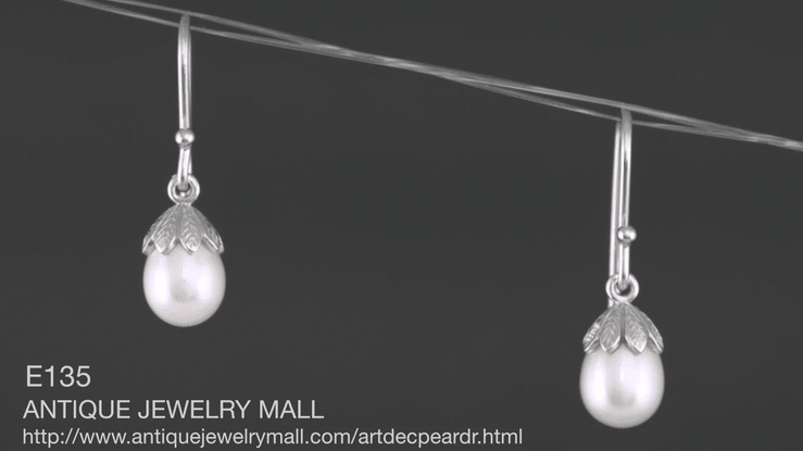 Art Deco Pearl Drop Earrings in 14 Karat White Gold - Item: E135 - Image: 5