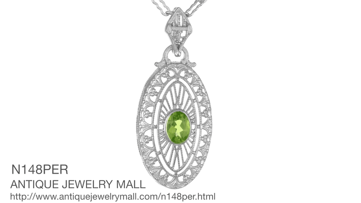 Art Deco Peridot Filigree Oval Pendant Necklace in Sterling Silver - Item: N148PER - Image: 6