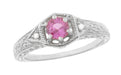 Art Deco Pink Sapphire and Diamond Filigree Engraved Engagement Ring in 14 Karat White Gold