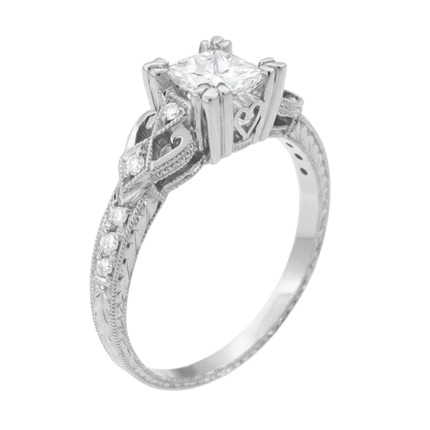 Art Deco Platinum Loving Hearts 1 Carat Square Princess Cut Diamond Engraved Engagement Ring - Item: R459P1D-LC - Image: 3