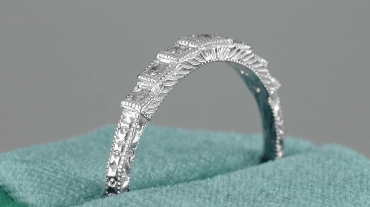 Art Deco Platinum Tiered Diamond Engraved Wedding Band - Item: DWR135P-LC - Image: 5