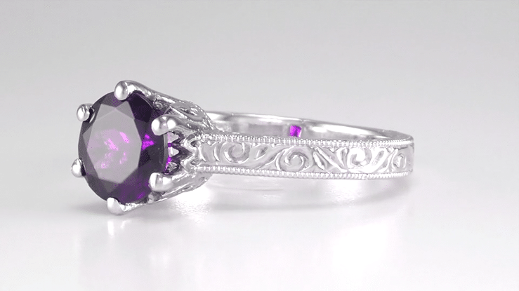 Art Deco Crown Filigree Scrolls Amethyst Engagement Ring in Platinum - Item: R199PAM - Image: 7
