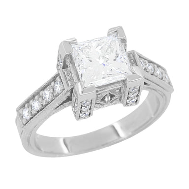 Art Deco Princess Cut Castle Engagement Ring Setting in Platinum for a 1.00 to 1.30 Carat Square Diamond