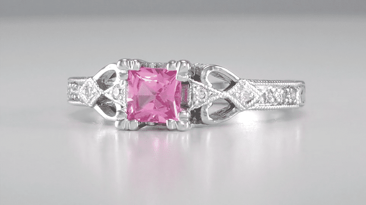 Art Deco Loving Hearts Princess Cut Pink Sapphire Vintage Style Engraved Engagement Ring in Platinum - Item: R459PPS - Image: 8