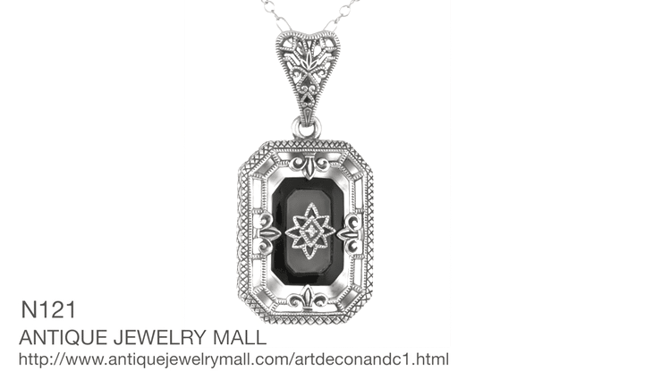 Art Deco Rectangular Onyx, Camphor Crystal and Diamond Filigree Necklace Pendant in Sterling Silver - Item: N121 - Image: 5
