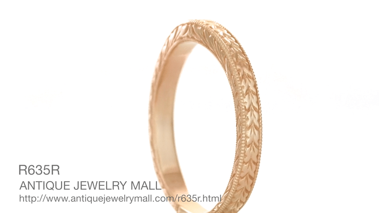 Curved Engraved Wheat Art Deco Wedding Band in 14 Karat Pink ( Rose ) Gold - Item: R635R - Image: 4