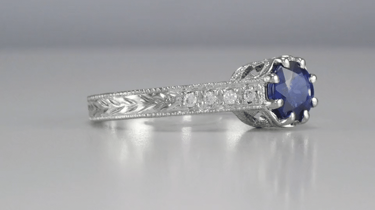 Art Deco Royal Crown 1 Carat Blue Sapphire Engraved Platinum Engagement Ring with Side Diamonds - Item: R460PS - Image: 7