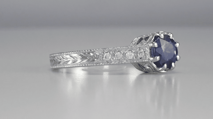 Art Deco Royal Crown 1 Carat Sapphire Engraved Engagement Ring in 18 Karat White Gold - Item: R460S - Image: 7