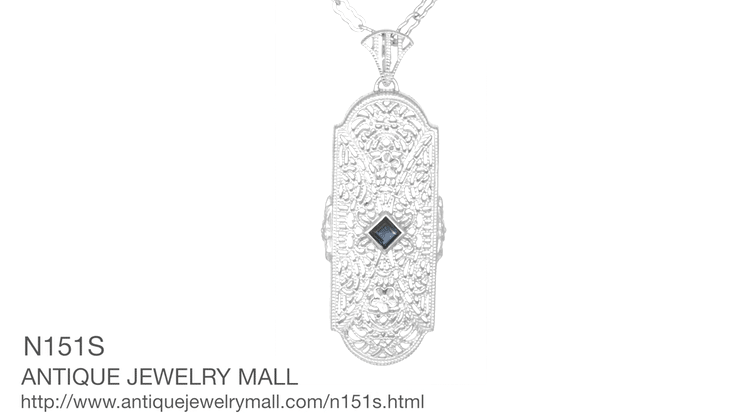 Art Deco Square Sapphire and Diamonds Floral Filigree Pendant Necklace in Sterling Silver - Item: N151S - Image: 6