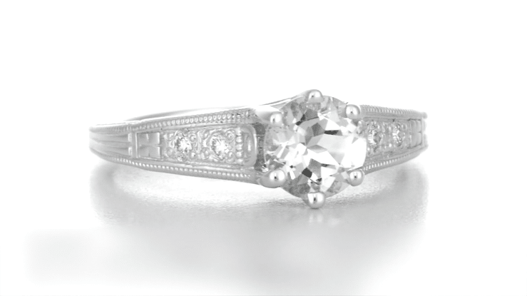 Art Deco White Sapphire Scroll Filigree Engagement Ring in 14 Karat White Gold - Item: R158WS - Image: 7