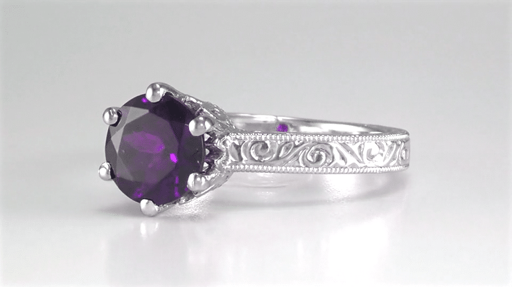 Art Deco Scrolls Regal Filigree Crown Solitaire Amethyst Engagement Ring in 18 Karat White Gold - Item: R199WAM - Image: 8