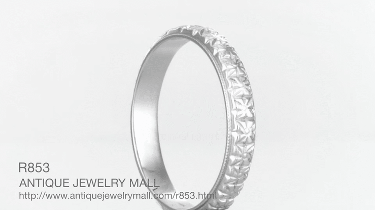 Art Deco Square Flowers Millgrain Edged Antique Reissue Wedding Band in White Gold - 3.5mm Wide - Item: R853W10 - Image: 5