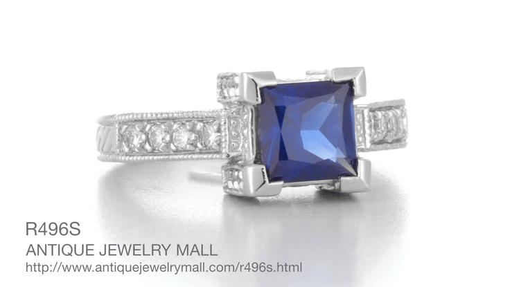 Art Deco Square Castle 1 Carat Princess Cut Blue Sapphire Engagement Ring in 18 Karat White Gold with Diamonds - Item: R496S - Image: 4