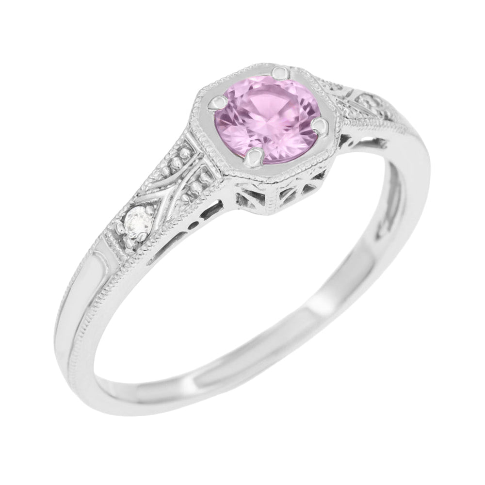 Art Deco Square Frame Filigree Natural Pink Sapphire Engagement Ring in White Gold