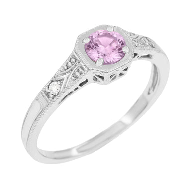 Art Deco Square Frame Filigree Natural Pink Sapphire Engagement Ring in White Gold