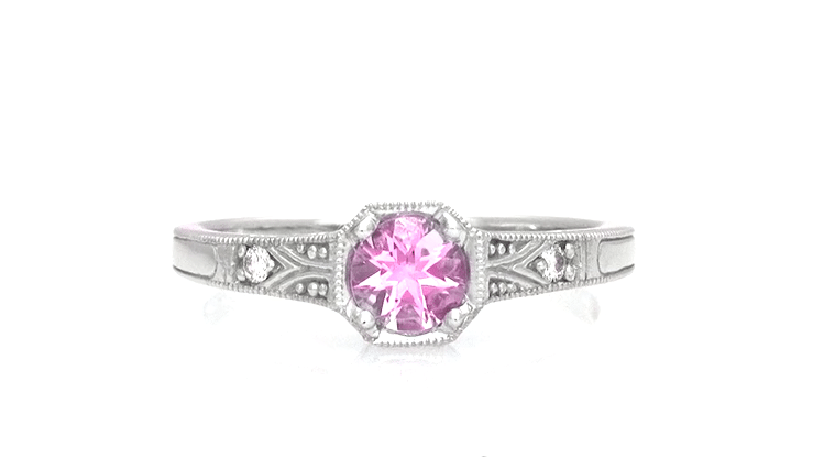Art Deco Square Frame Filigree Natural Pink Sapphire Engagement Ring in White Gold - Item: R298W14PS - Image: 6